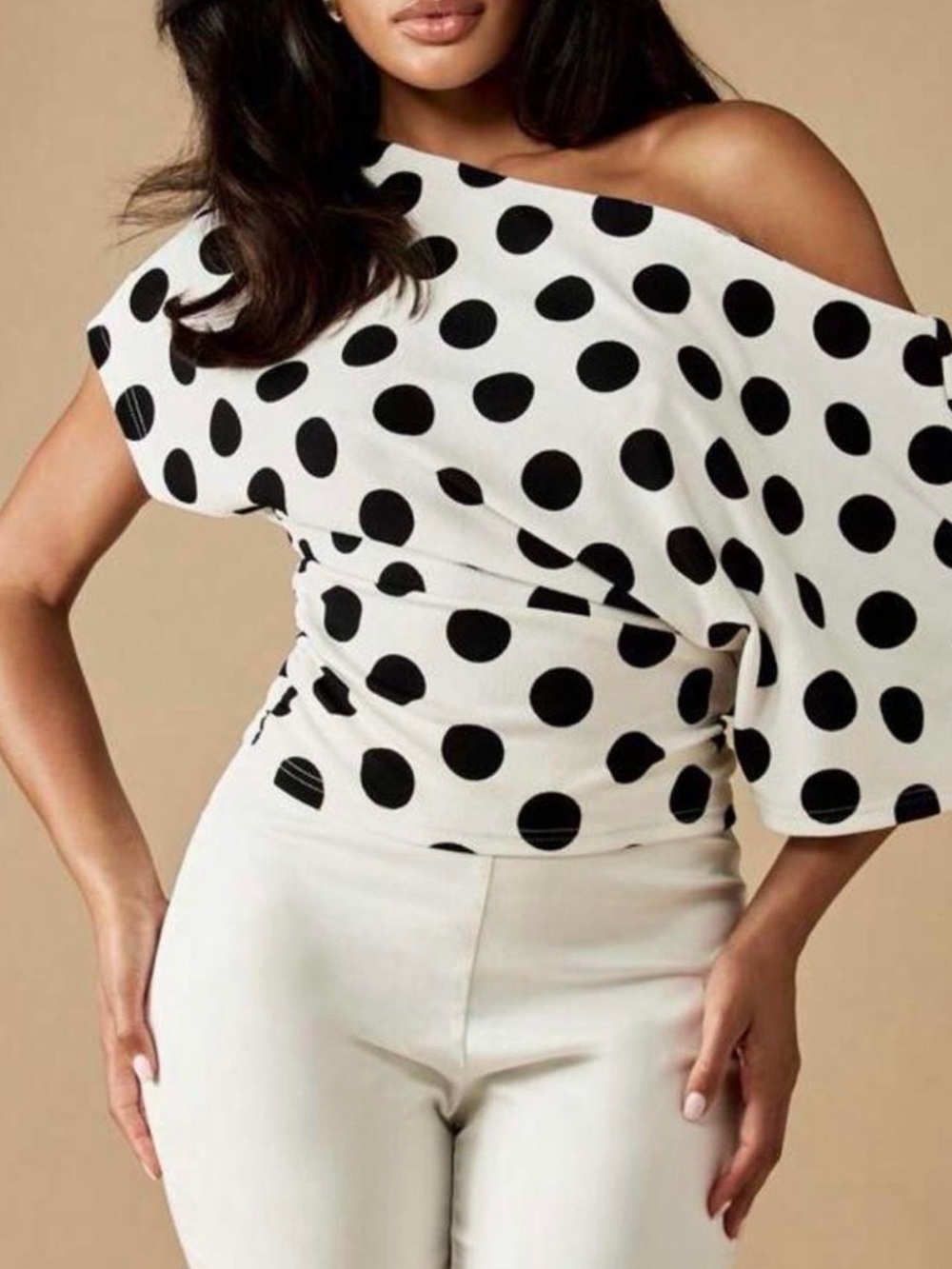 Misguided Polka Dot One-Shoulder Top - White & Black